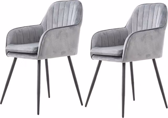 Living and Home Set of 2 Grey Velvet Upholstered Dining Chairs with Metal Legs