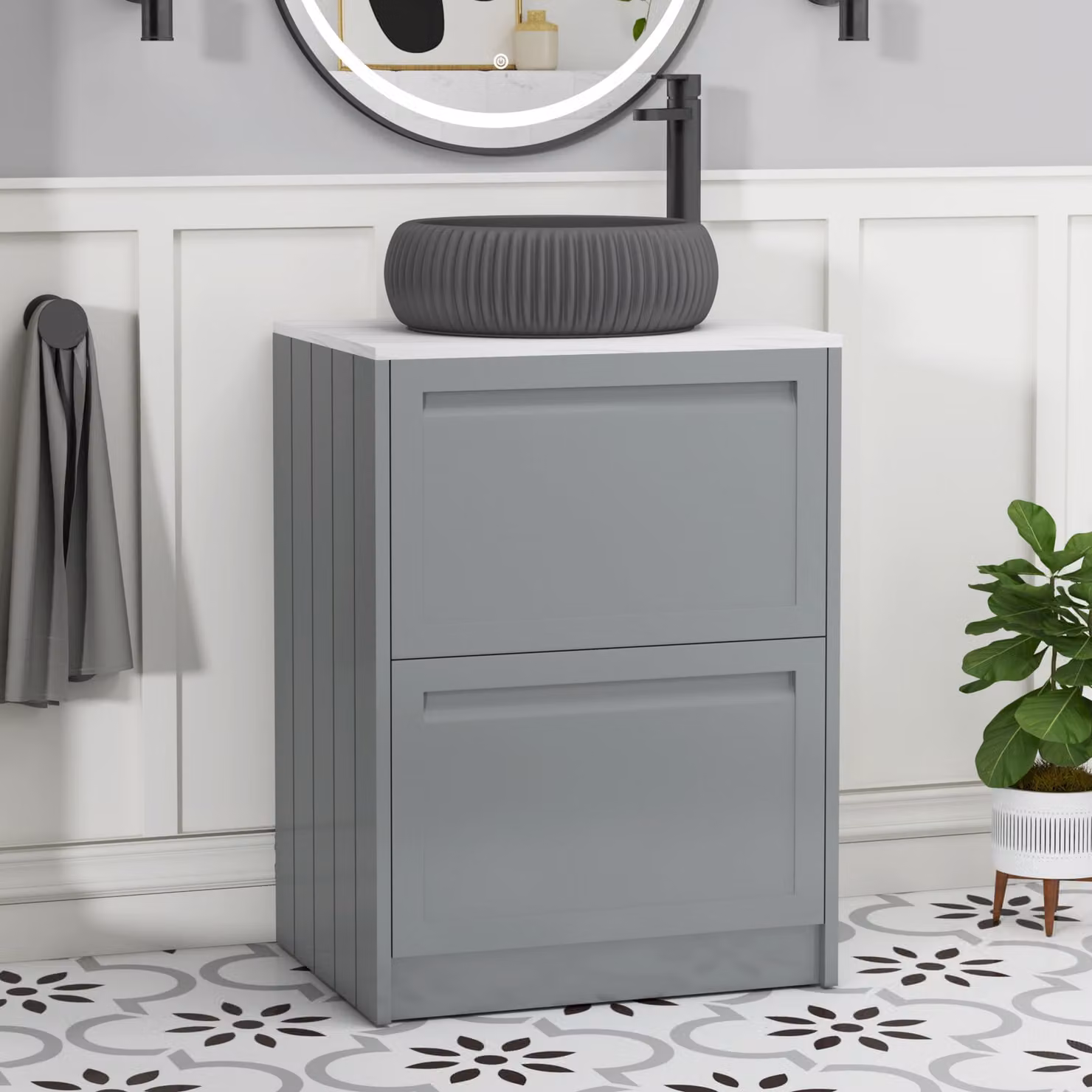 Royal Bathrooms Elmore 600mm Floor Standing Countertop Vanity Unit with 2 Drawers and Milan Black Basin in Matt Pebble Grey