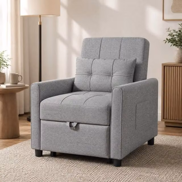 STILVORA Grey Fabric Chair Bed with Three-Position Back and Armrests – 1