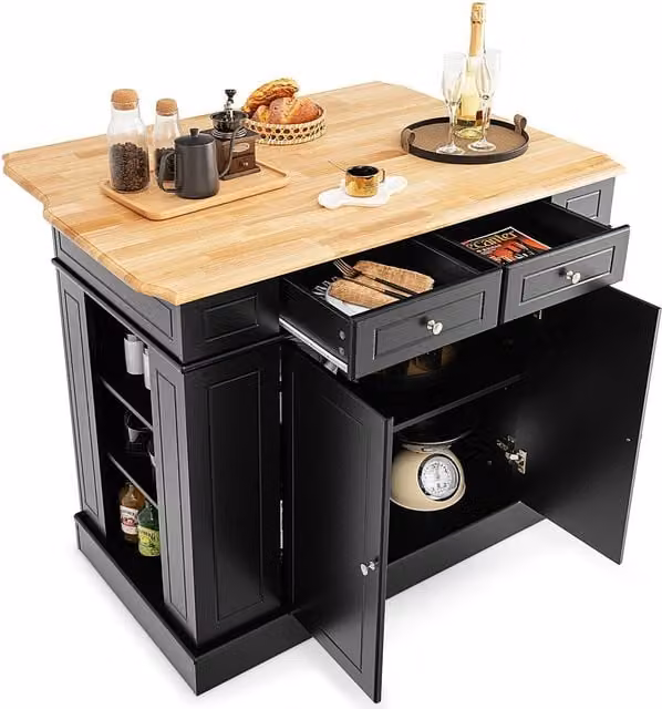 Costway Kitchen Island Storage Cupboard with Drop Leaf Countertop and 2-Door Cabinet in Black – 1