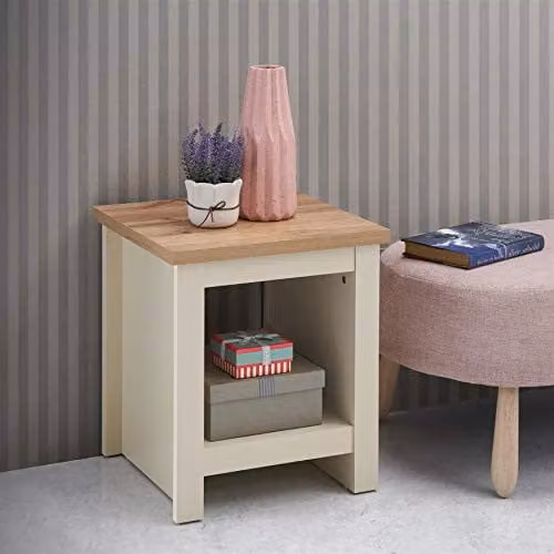 Timber Art Design Lisbon Modern Bedside Lamp Table in Beige, H 50 cm x W 40 cm x D 43 cm – 1