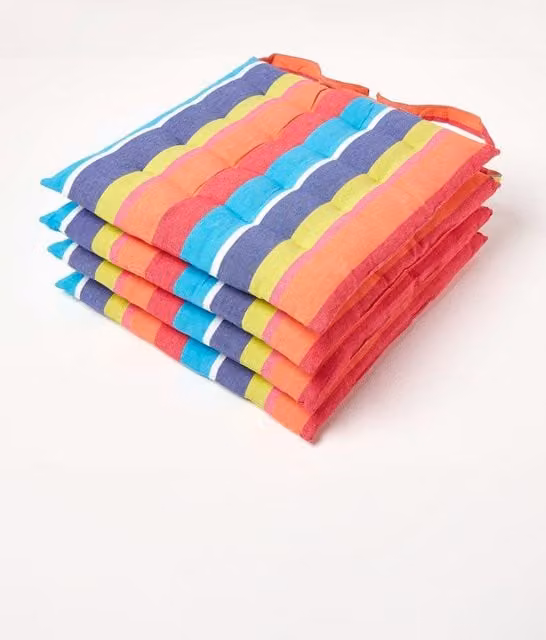 Homescapes Set of 4 Multicolour Striped Cotton Seat Pads, W/D/H: 40 x 40 x 6.5 cm