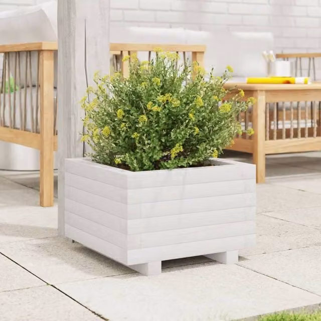 Berkfield Home Decorative Garden Planter Tub, White, Solid Wood, W: 40 cm, D: 40 cm, H: 26.5 cm – 1