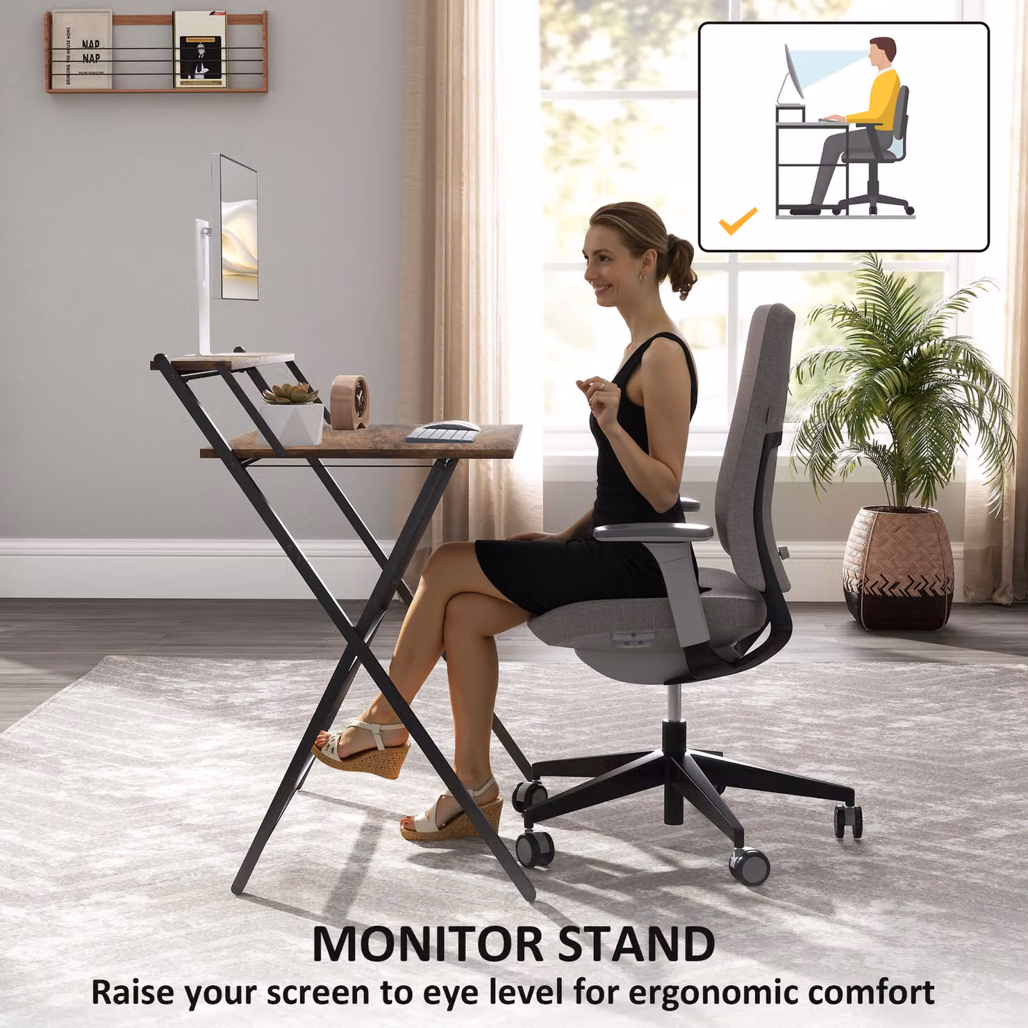 HOMCOM Folding Computer Desk with Monitor Shelf in Rustic Brown – 5
