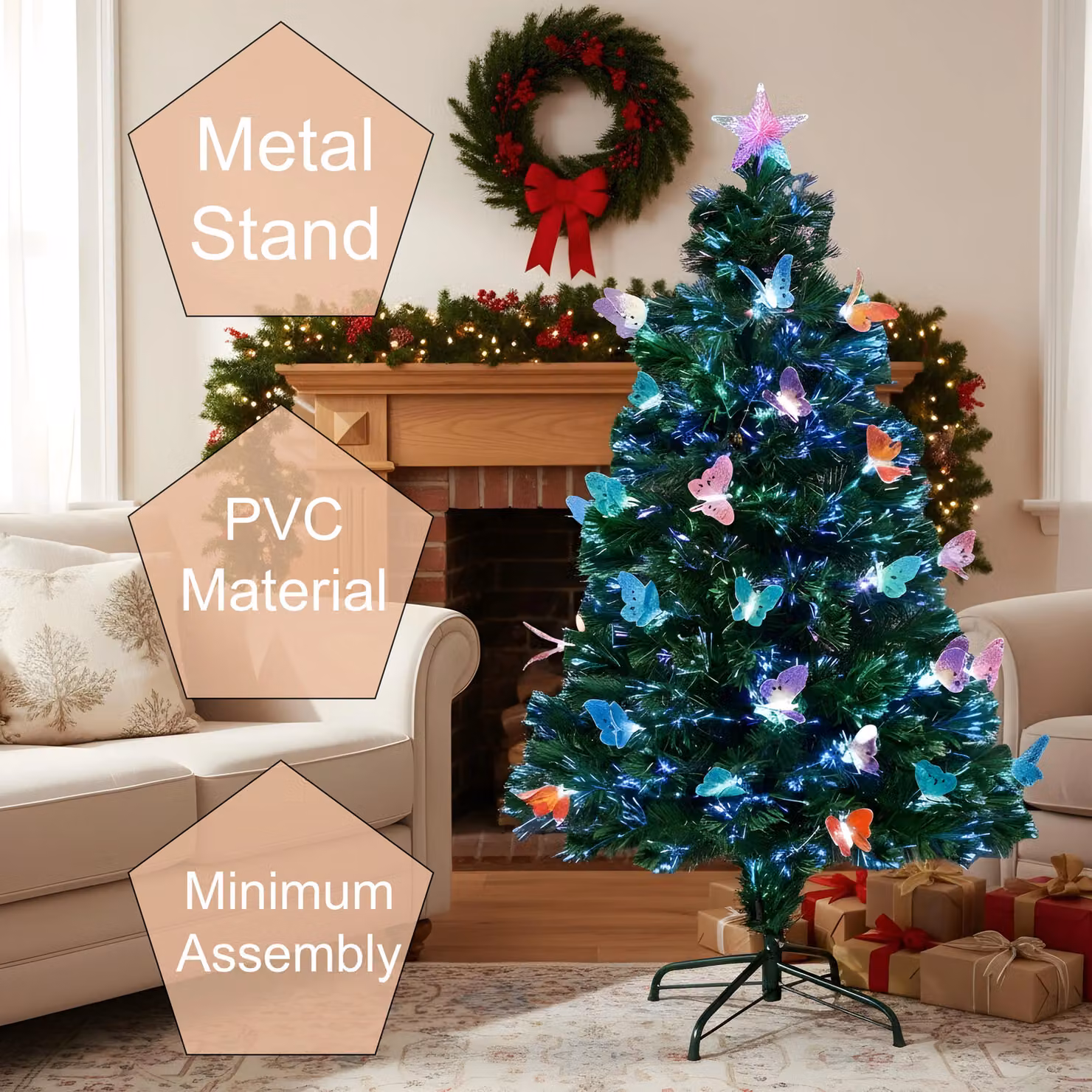 Shatchi Butterflies Fibre Optic LED Pre-Lit Christmas Tree in Green, Height: 180 cm – 3