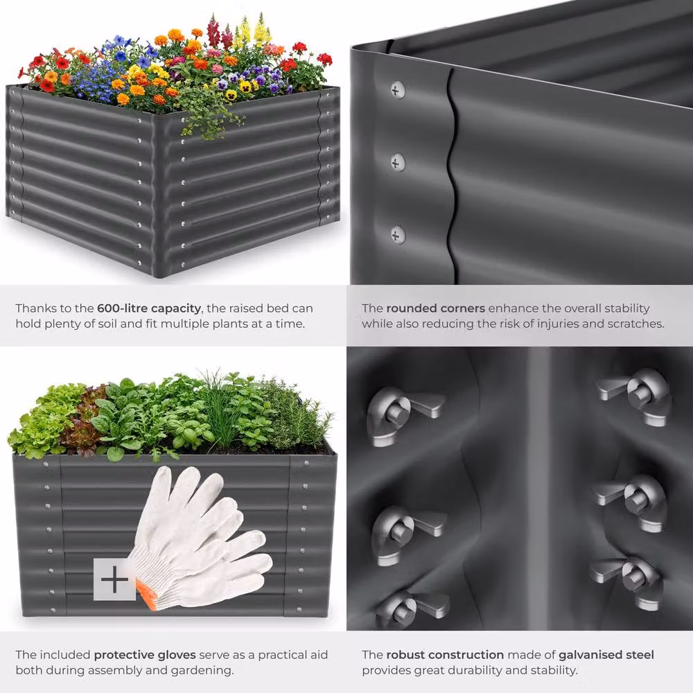 tectake Blomma Raised Garden Bed in Galvanised Steel, Dark Grey, W/D/H: 100 x 100 x 62 cm – 4