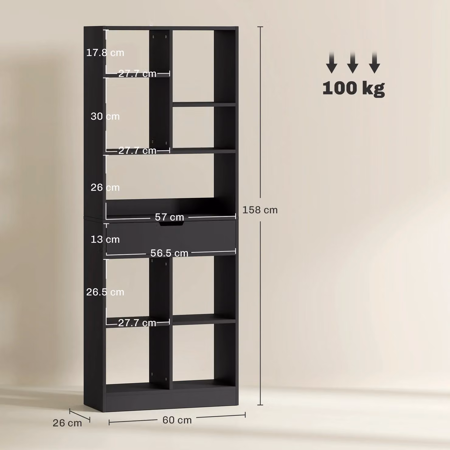 HOMCOM Modern Freestanding Bookcase Display Shelf with Drawer in Black – 3