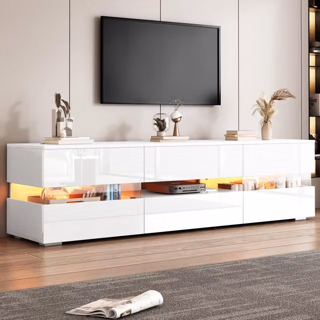 Aosom UK High-Gloss Modern LED TV Cabinet with App-Controlled Lighting and 2 Open Shelves, White, W: 160 cm, D: 38 cm, H: 50.5 cm – 1