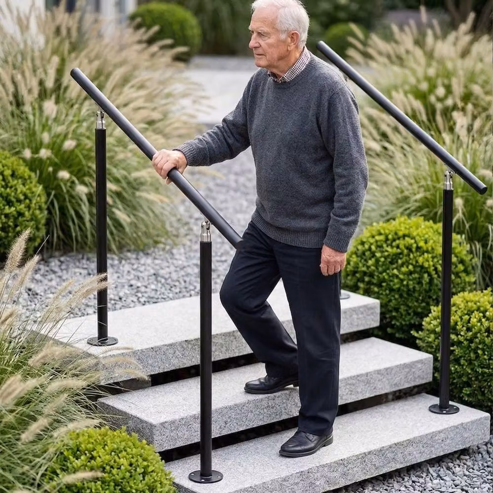 VOGREX Black Galvanised Steel Round Outdoor Porch and Step Handrail – 2