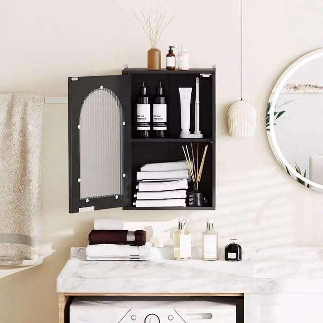 KORVIXA Modern Black Wall-Mounted Bathroom Medicine Cabinet with Glass Doors and Internal Shelves