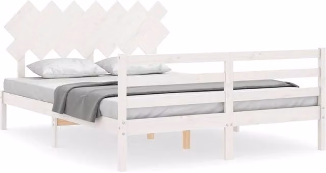 Berkfield Home Solid Wood Bed Frame with Headboard in White, W/D/H: 140 x 200 cm