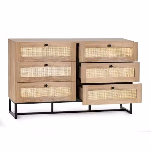 Julian Bowen Padstow Rattan and Oak 6 Drawer Chest in Brown, W/D/H: 120 x 40 x 75 cm