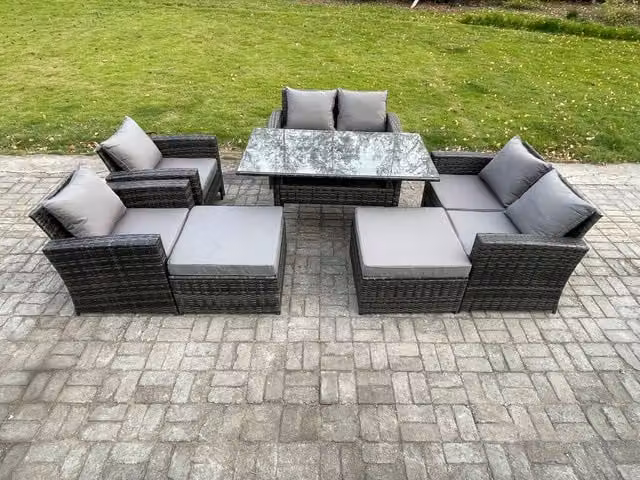 Fimous 8 Seater High Back Rattan Garden Furniture Set with Dining Table, Armchairs and 2 Large Footstools in Dark Grey Mixed