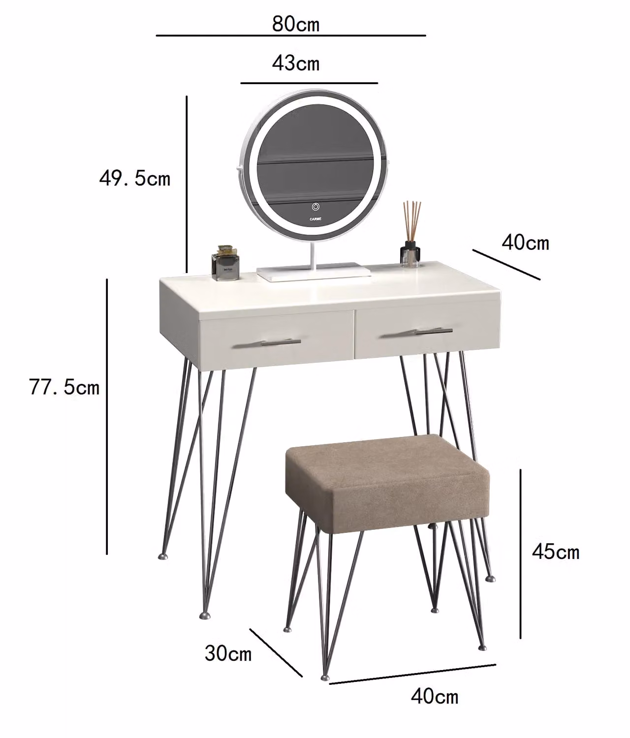CARME HOME Olivia White Dressing Table and Stool Set with Touch Sensor LED Mirror – 2
