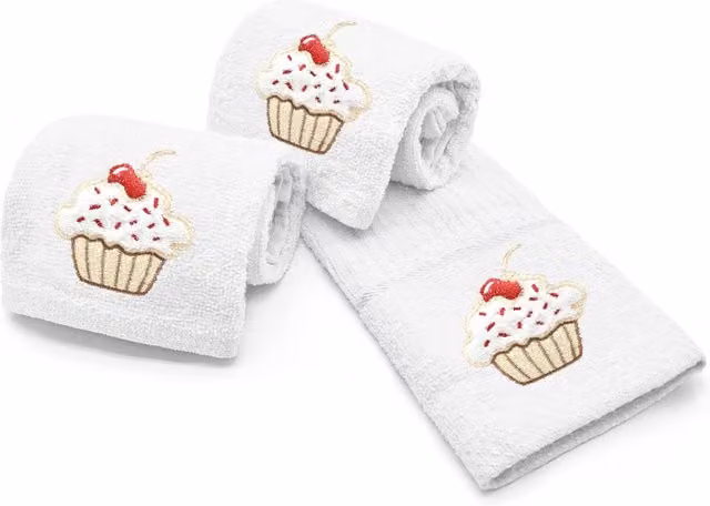 Velosso Cupcakes Embroidered Cotton Tea Towel in White