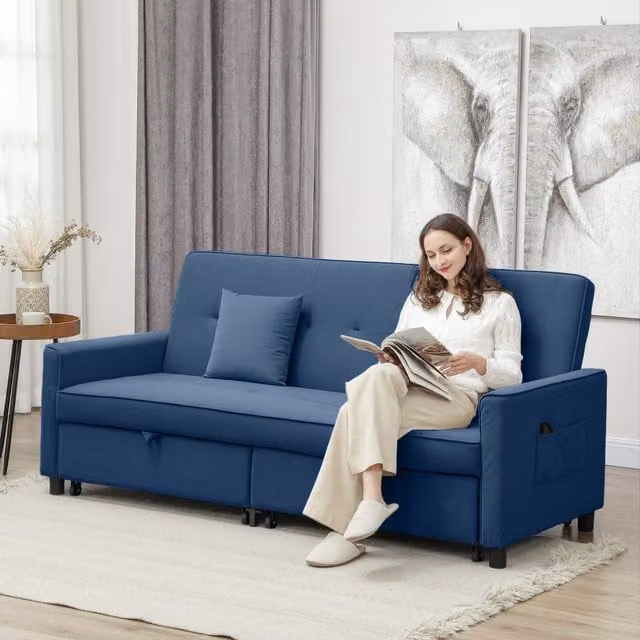 HOMCOM L-Shaped 3 Seater Sectional Sofa Bed with Reversible Sleeper Function in Blue Velvet Fabric