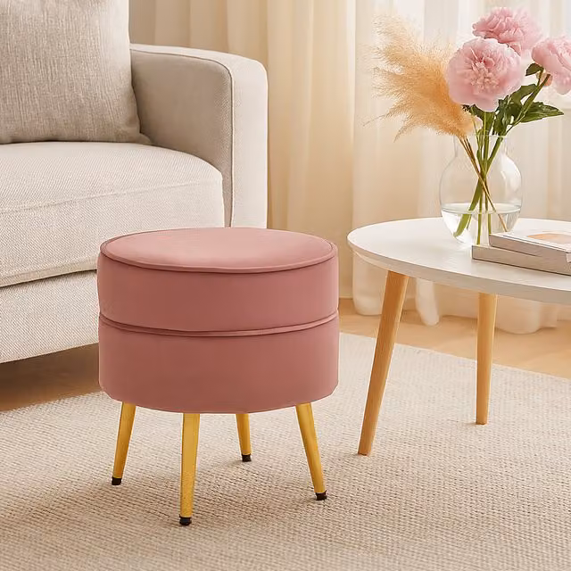Interiors by Premier Tamra Round Pink Velvet Footstool with Gold Metal Legs
