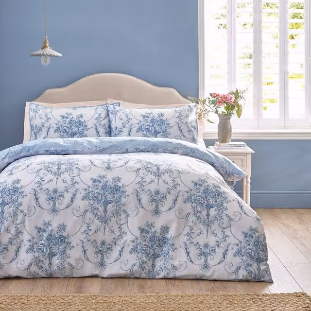 Catherine Lansfield Antoinette Reversible Floral Duvet Cover and Pillowcase Set in Blue