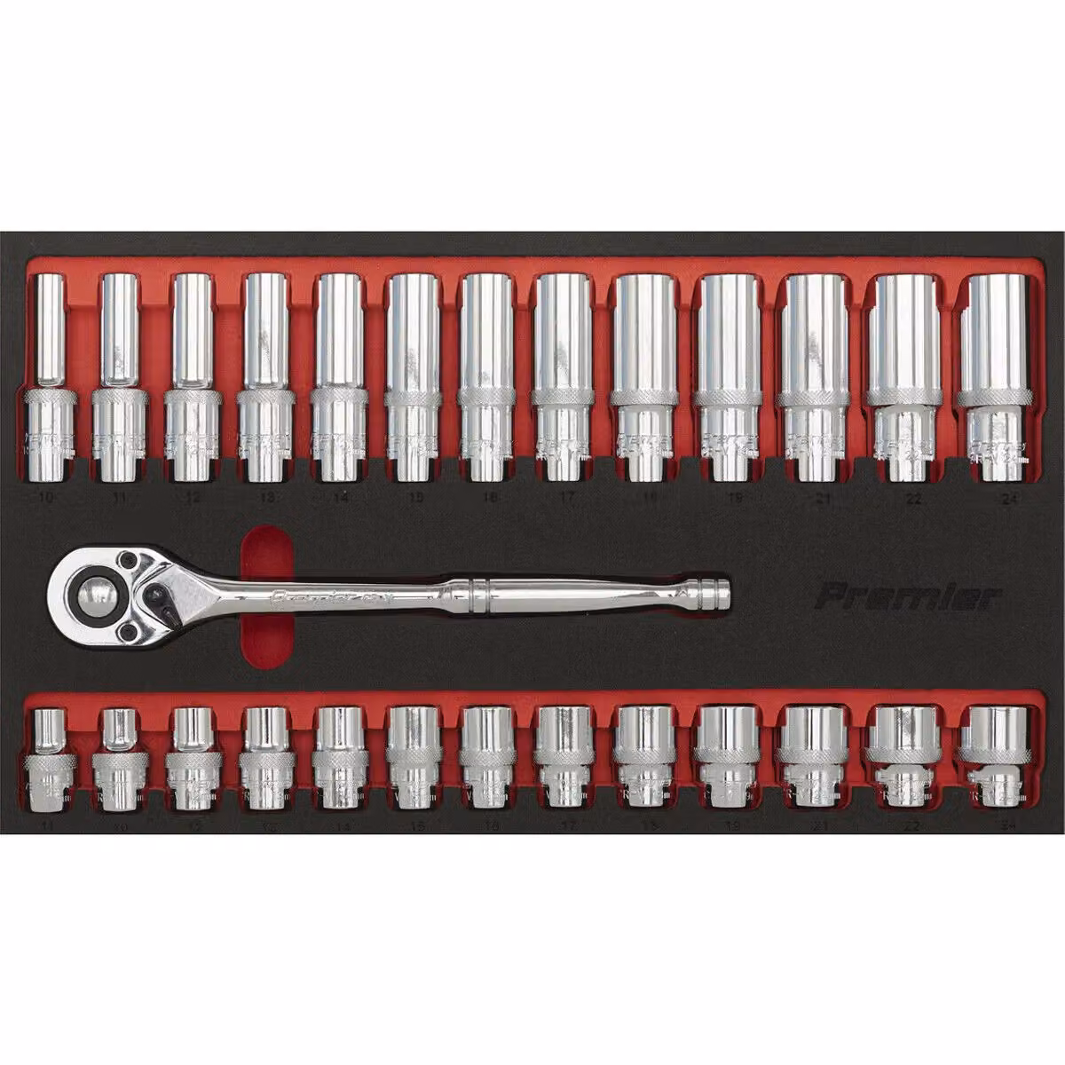Loops 27 Piece Deep Socket Set with 1/2 Inch Metric Square Drive 6 Point Sockets and Ratchet Handle in Silver and Multicolour Chrome Vanadium – 4