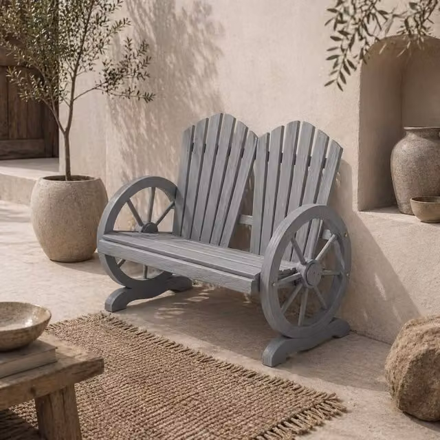 Wyld Haus Grey Fir Wood Garden Loveseat with Wagon Wheel Armrests – 1
