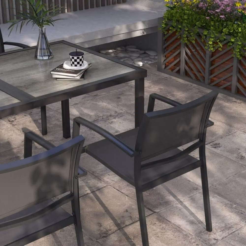 STILVORA 5 Piece Grey Garden Dining Set with Rectangular Glass Table and Stackable Chairs – 7
