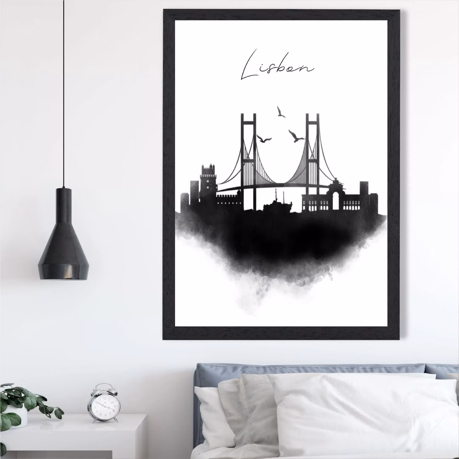 ARTZE Lisbon Watercolour Skyline City Framed Print in Black – 2