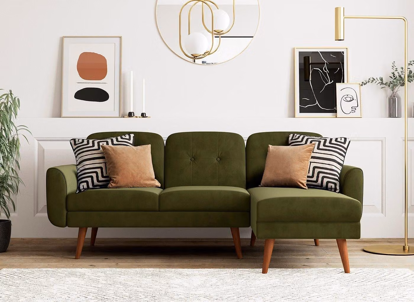 Dreams Gallway 3 Seater Right Facing L-Shape Corner Sofa Bed in Green Velvet Fabric