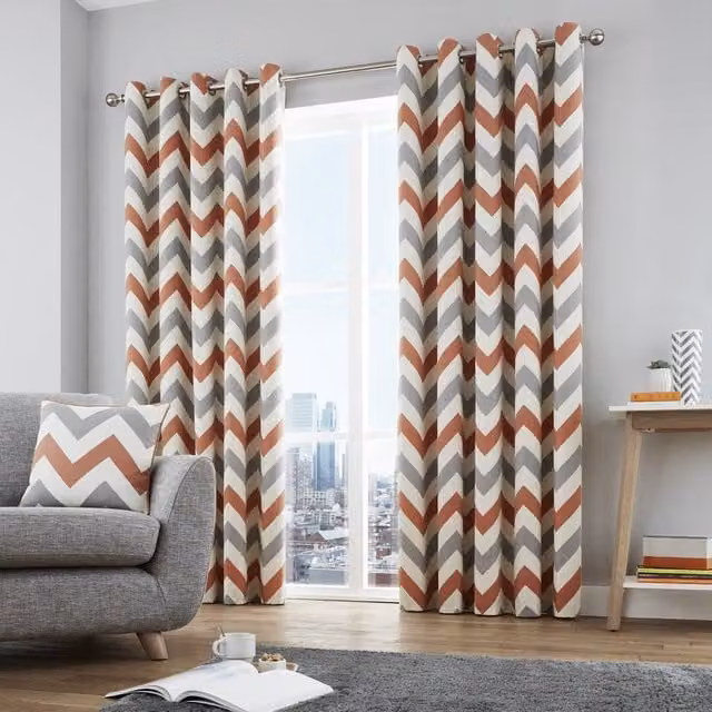 Terrys Chevron Ready Made Eyelet Curtains, Multicolour Orange and Silver Cotton Fabric, Opaque