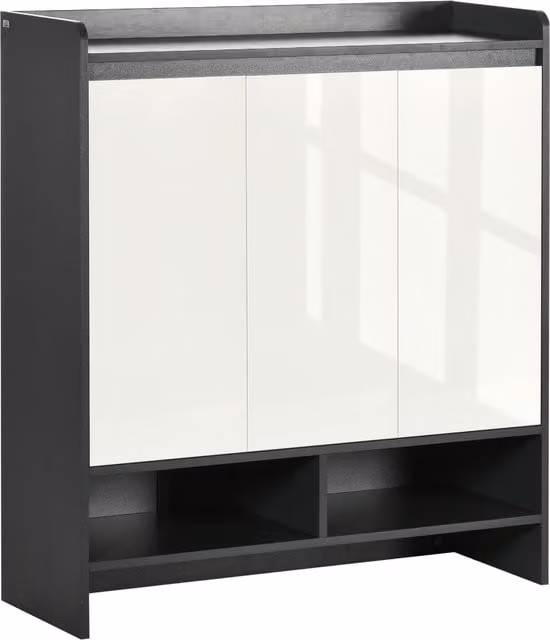 HOMCOM High Gloss Grey and White Shoe Cabinet with Hinged Doors and Open Shelves for 24 Pairs – 1