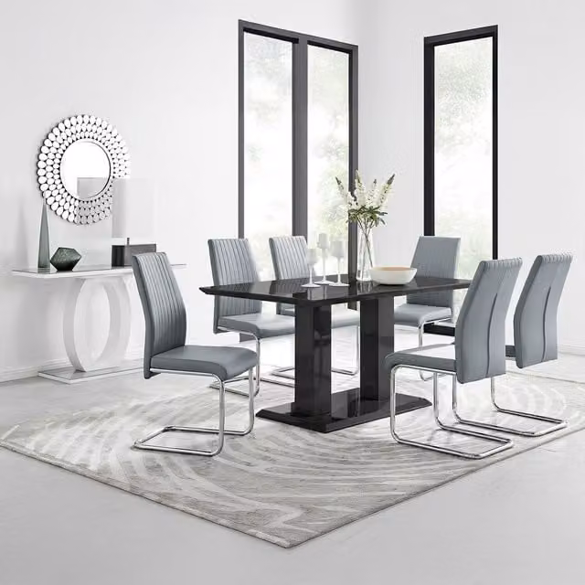 FurnitureboxUK Imperia Black High Gloss Rectangular Dining Table and 6 Modern Lorenzo Grey Dining Chairs Set