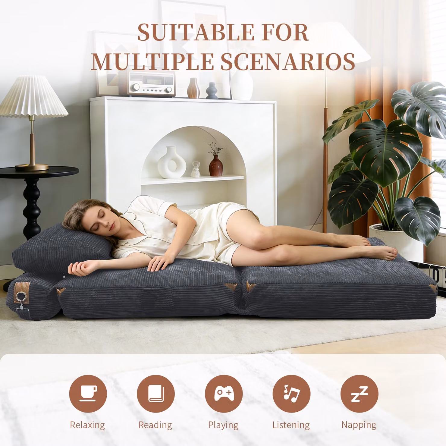 Aosom UK 3-in-1 Convertible Corduroy Floor Sofa Bed with Side Pockets, Grey, W/D/H: 86 x 87 x 40 cm – 5