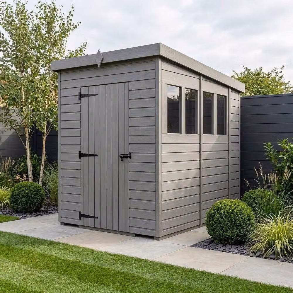 Buttercup Farm Grey Composite Pent Garden Shed with Single Door and Windows, W/D/H: 152.4 x 304.8 x 210 cm – 2