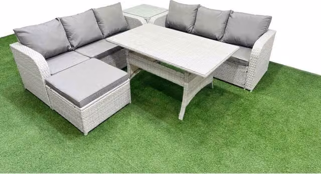Fimous 7-Seater Outdoor PE Rattan Garden Furniture Set with Rectangular Tempered Glass Table in Light Grey
