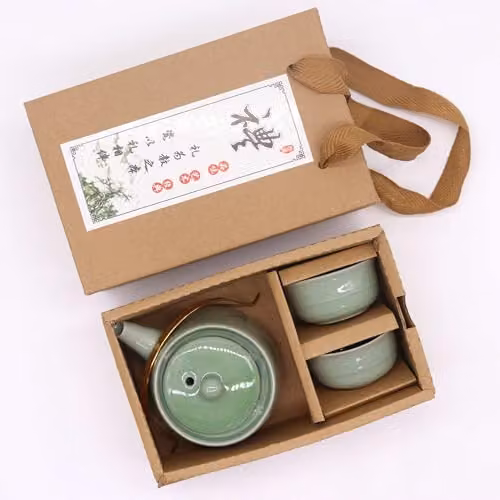 KDMD Ceramic Herbal Jade Teapot Set with Pot and Two Cups in Green and Gold – 2