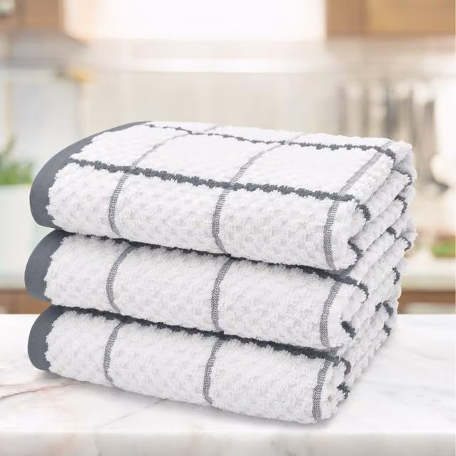 Kitchen Trends Set of 3 Highly Absorbent Checked Cotton Tea Towels in Grey