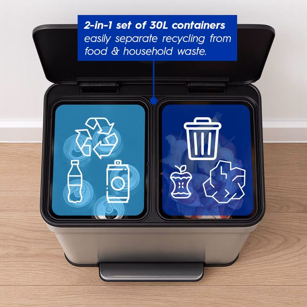 Harbour Housewares 60L Double Kitchen Pedal Bin in Silver Stainless Steel (2 x 30L) with Soft Close and Removable Inner Buckets – 3