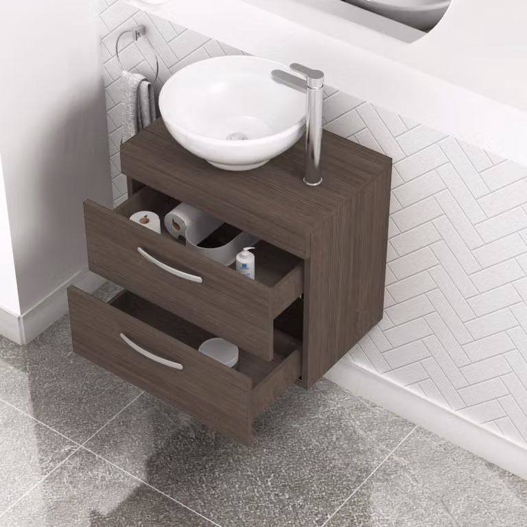 Royal Bathrooms 600mm Wall Hung 2 Drawer Vanity Unit in Grey Elm with Breeze Countertop Basin