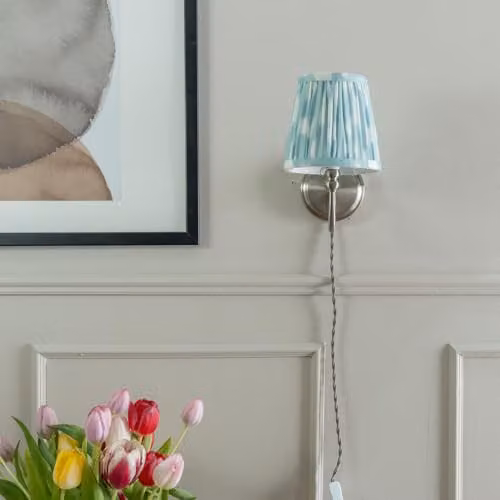 ValueLights Plug-in Brushed Chrome Wall Light with Blue Pleated Fabric Lampshade – 2