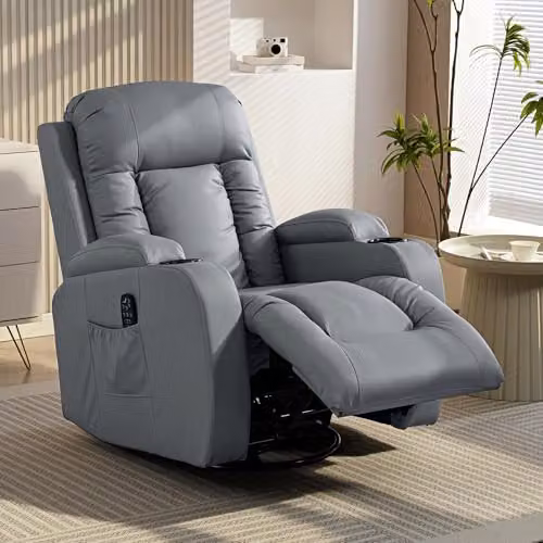 HOMCOM Recliner Armchair with Massage and Heat, Light Grey PU Leather Swivel Rocking Chair with Extended Footrest, Cup Holders and Side Pockets – 7