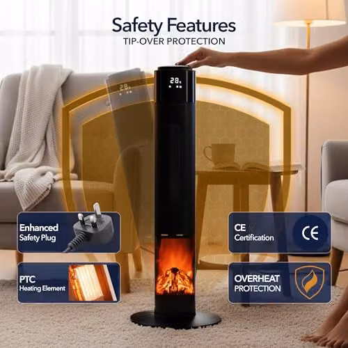 MONHOUSE Oscillating Tower Fan Heater with Fireplace, Black – 3