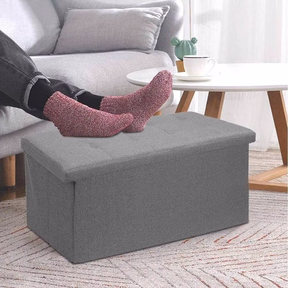PAWNORA Grey Linen Upholstered Ottoman Storage Seat Stool, W/D/H: 76 x 38 x 38 cm – 5