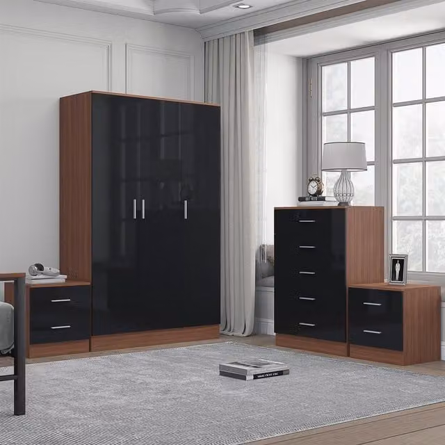 REFLECT Bedroom Furniture Bundle featuring 3-Door Plain Wardrobe, Chest of Drawers and 2 Bedside Tables in Black Gloss and Matt Walnut