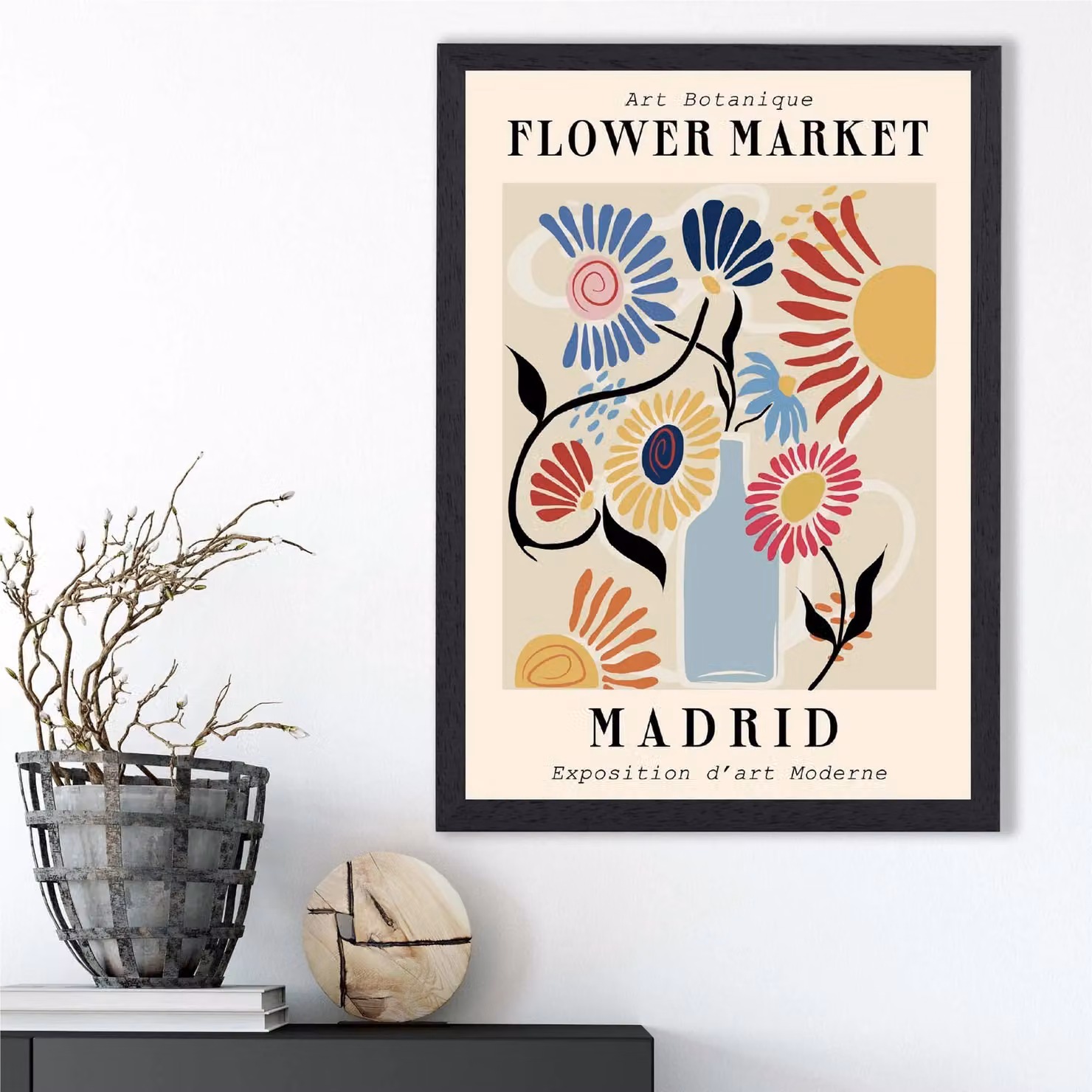 ARTZE Madrid Blue and Pink Flower Market Exhibition Framed Print, Multicolour with Black Frame, Size: A3 – 2