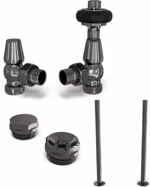 UK Radiators Signature Wooden Head Thermostatic Radiator Valve Installation Kit in Matt Black Nickel, 1/2 inch, W: 13.0 cm, D: 14.2 cm
