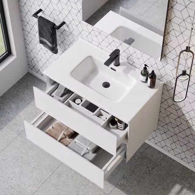 Banyetti Kameo 800mm Wall-Hung 2 Drawer Vanity Unit with Athena Basin, Matt White (W: 80.0 cm, D: 45.0 cm, H: 55.0 cm)