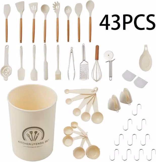 Living and Home 43-Piece Silicone Kitchen Cooking Utensil Set in White