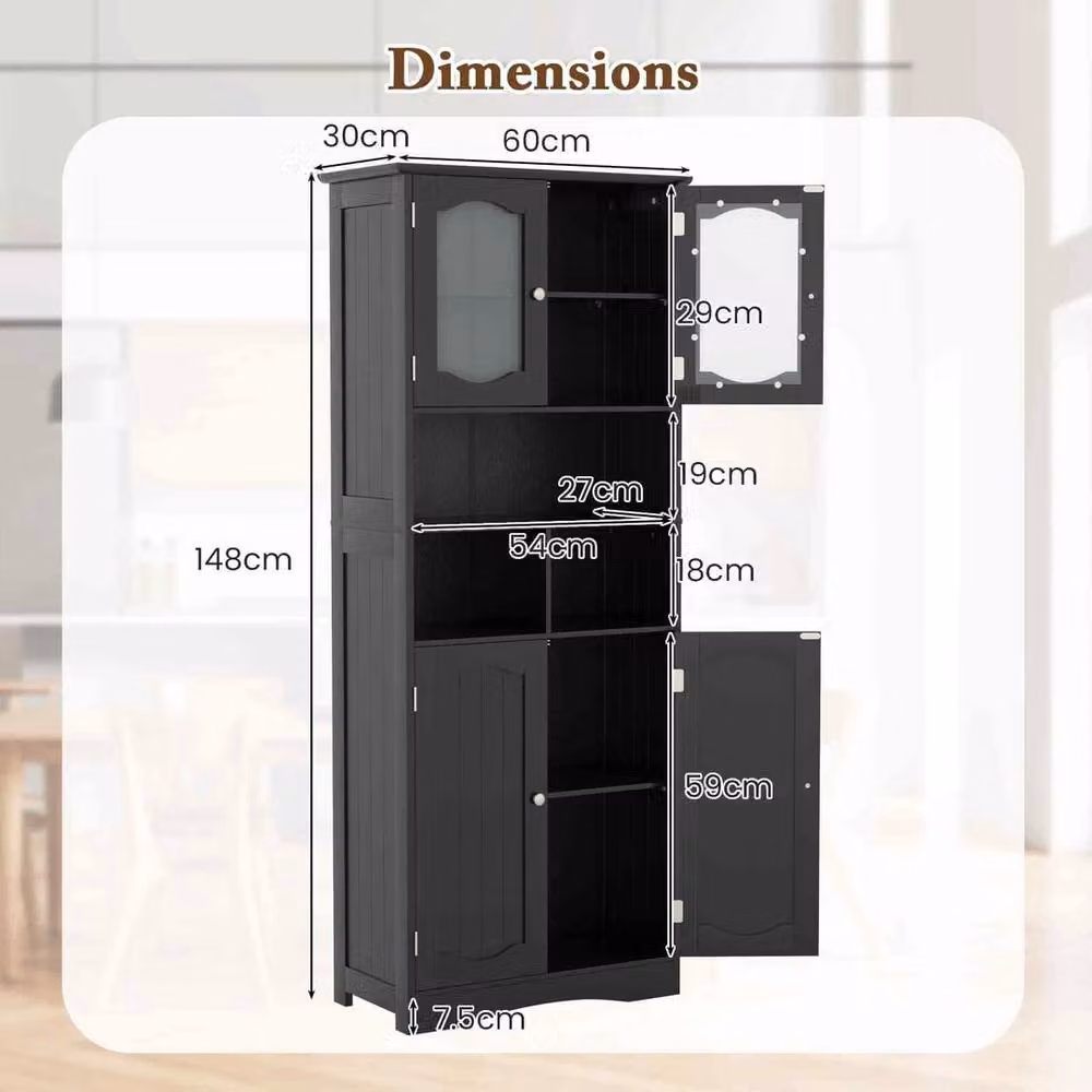 EONLION Black Freestanding Bathroom Storage Cabinet with Glass Doors and Internal Shelves, Height: 148 cm – 2