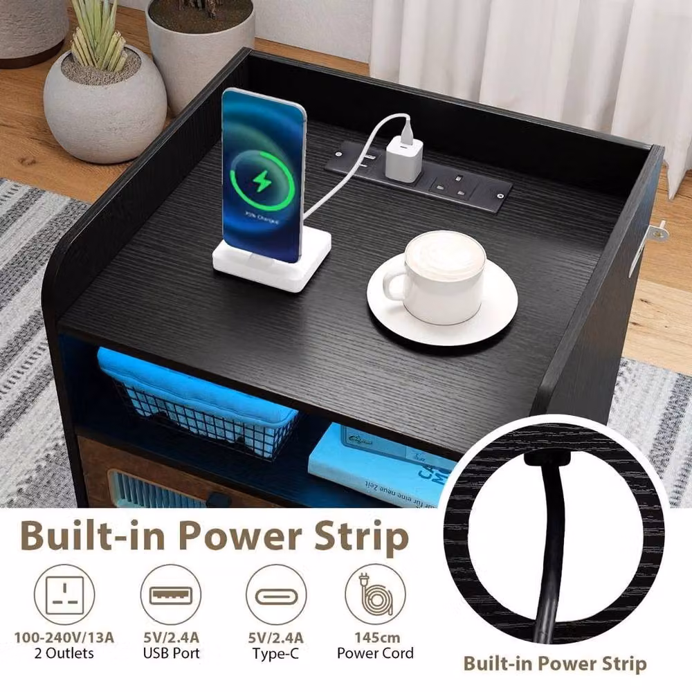 Kelvenix Mid Century Modern Bedside Table with Integrated Lighting in Black – 5