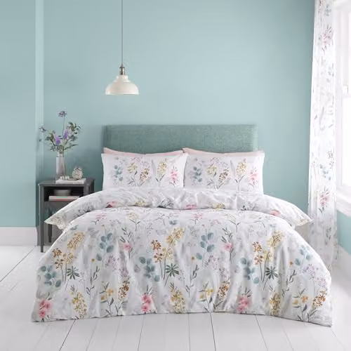 Catherine Lansfield Emilia Floral Reversible King Duvet Cover Set with Pillowcases in White and Green