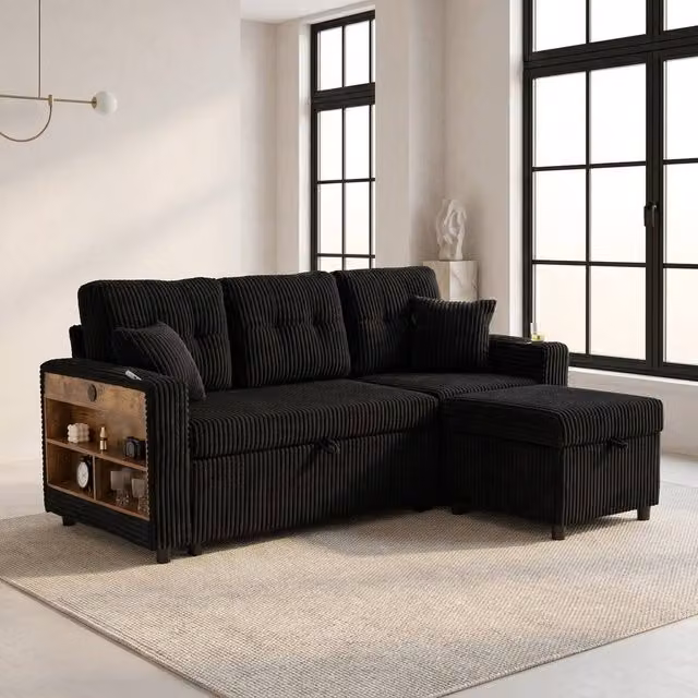STILVORA Black Corduroy Sofa Bed with Storage and USB Charging